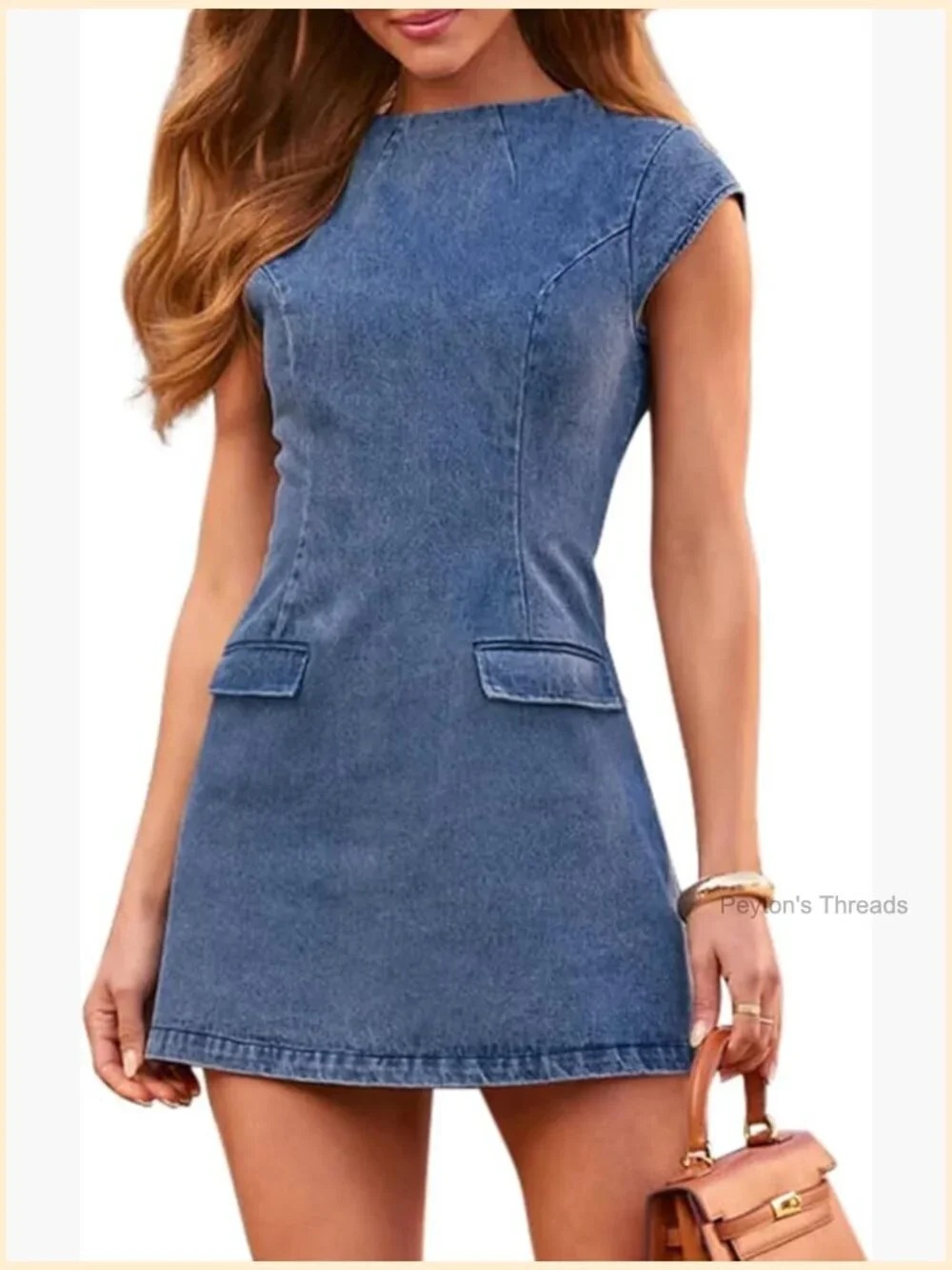 Cap Sleeve Denim Mini Dress with Pockets Slim Fit - Picture 1 of 6